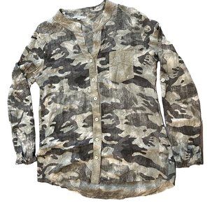 Tempo Paris Unique Transparent Camo Sequins Women Button Down Long Sleeve Medium